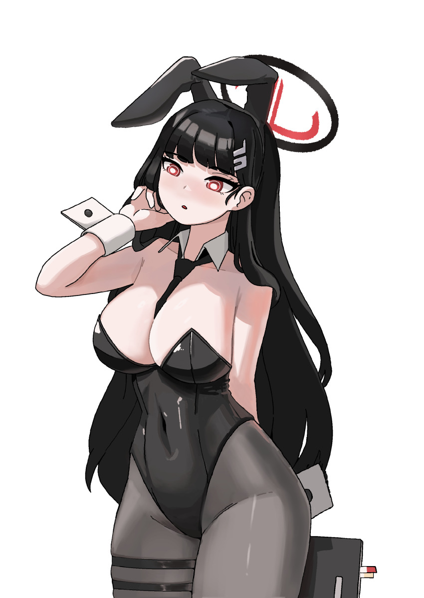 absurdres, bare_shoulders, between_breasts, black_hair, black_necktie, black_pantyhose, blue_archive, blunt_bangs, blush, breasts, cleavage, clothes_between_breasts, covered_navel, detached_collar, hair_ornament, hairclip, halo, highres, large_breasts, long_hair, necktie, necktie_between_breasts, open_mouth, pantyhose, playboy_bunny, red_eyes, ringed_eyes, rio_(blue_archive), simple_background, stag1215, thigh_strap, white_background, wrist_cuffs