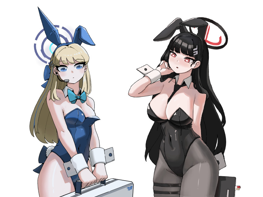 2girls, absurdres, bare_shoulders, between_breasts, black_hair, black_necktie, black_pantyhose, blonde_hair