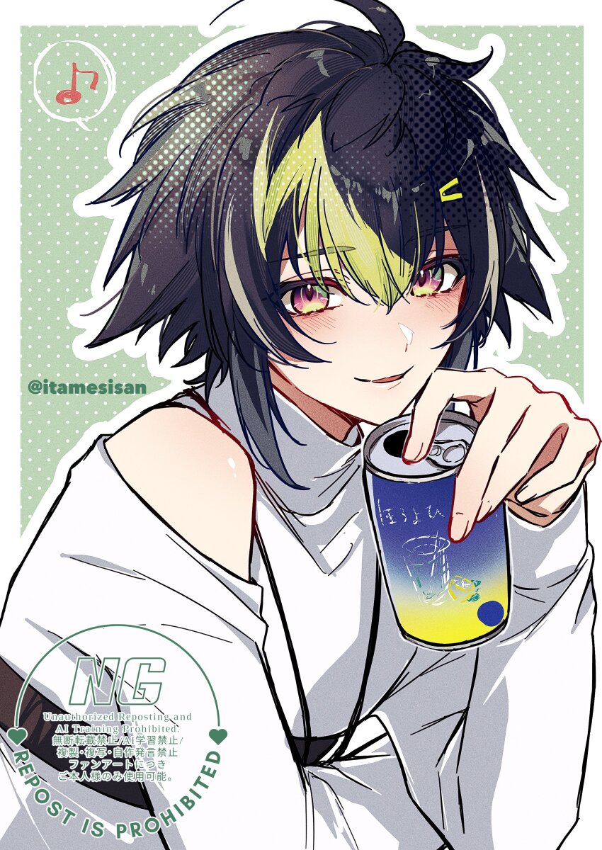 1boy, absurdres, ahoge, artist_name, black_hair, blush, border, can