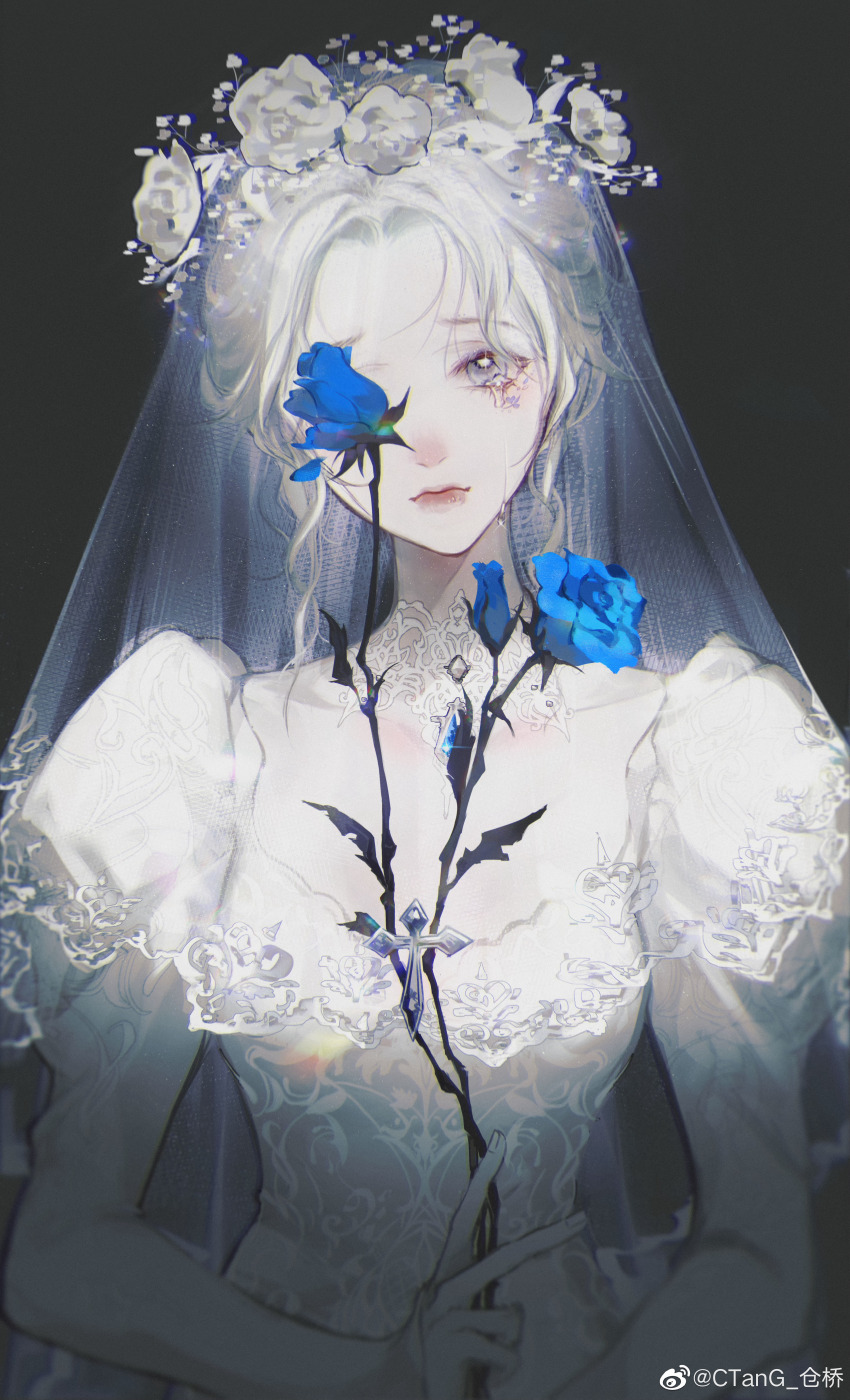 absurdres, black_background, blue_flower, blue_rose, breasts, bridal_veil, bride, character_request
