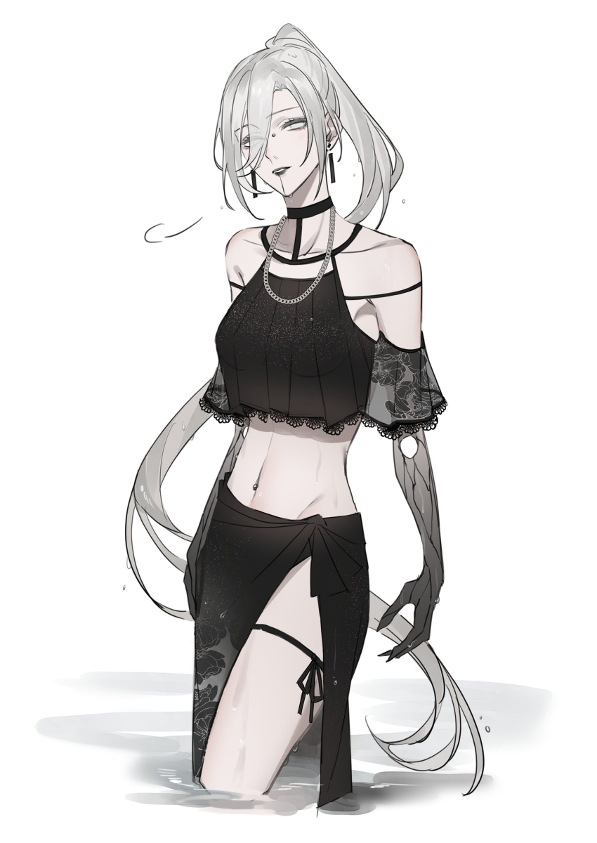 1girl, absurdly_long_hair, alternate_costume, bare_shoulders, black_choker, black_lips, black_ribbon, black_shirt