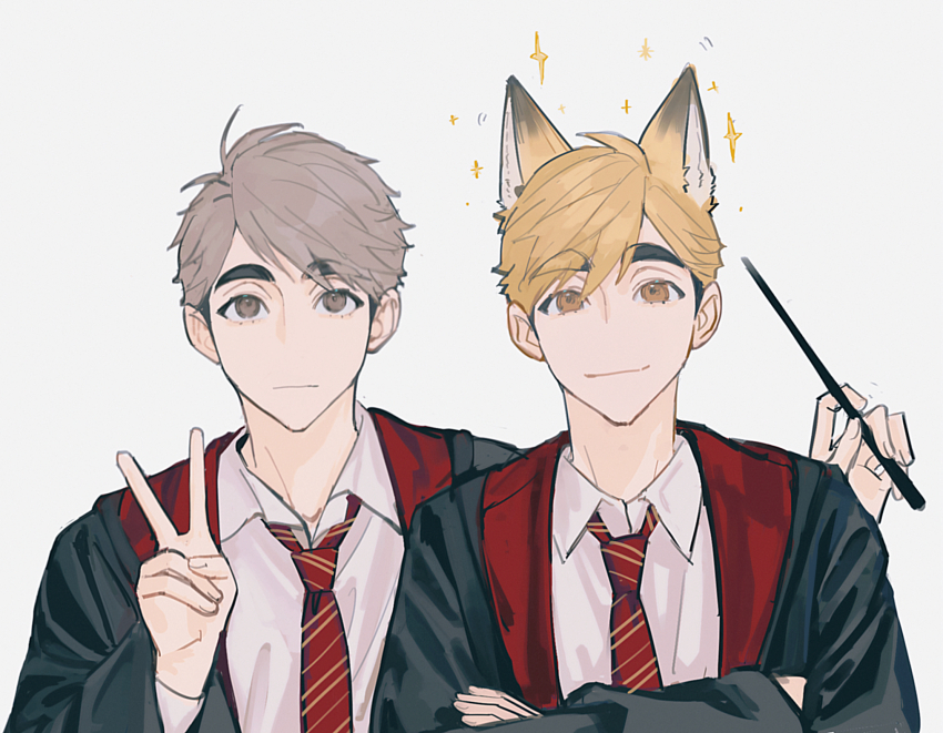 2boys, alternate_costume, animal_ears, black_robe, blonde_hair, brothers, brown_eyes, closed_mouth