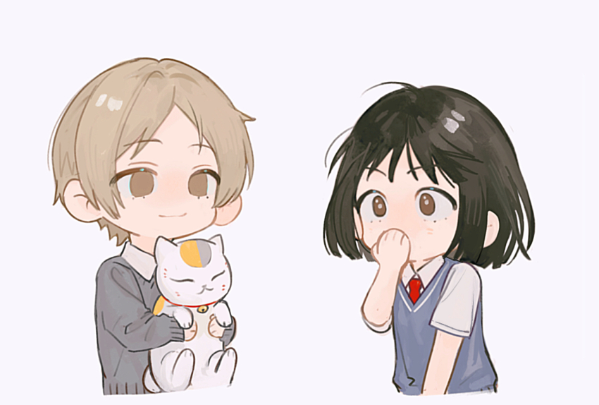 1boy, 1girl, animal, bell, black_hair, blue_sweater_vest, brown_eyes, brown_hair
