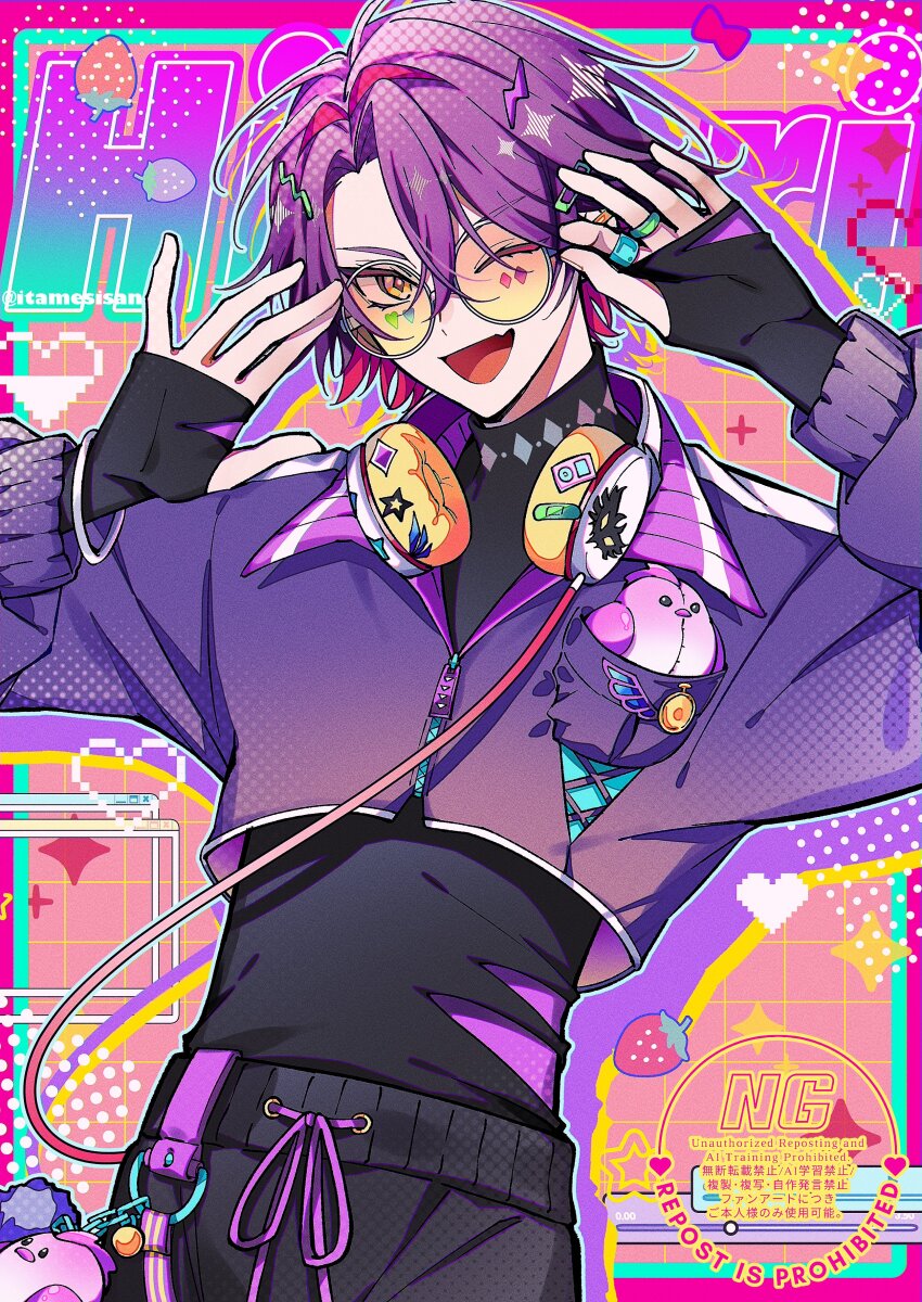 1boy, ;d, absurdres, animal_charm, artist_name, black_pants, black_shirt, border