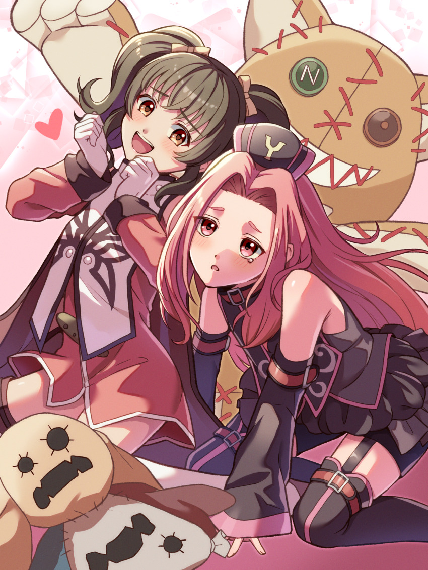 2girls, anise_tatlin, arietta_(tales), arm_support, bare_shoulders, black_hair, black_skirt, black_sleeves