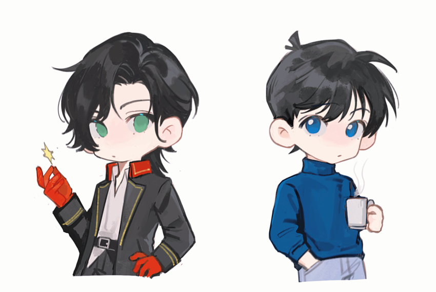 belt, black_belt, black_coat, black_hair, black_pants, blue_eyes, blue_sweater, chinese_commentary