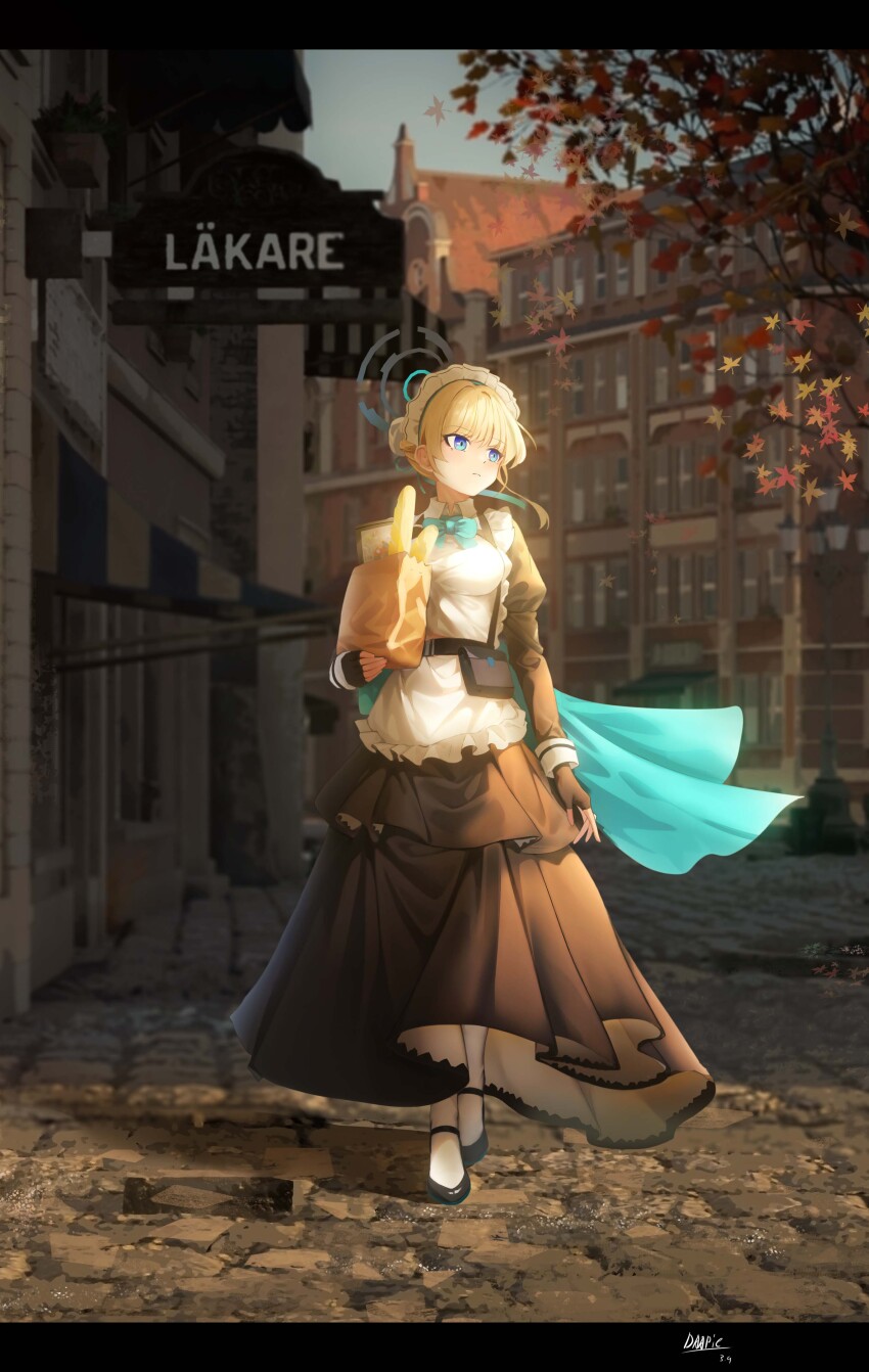 1girl, absurdres, apron, aqua_bow, aqua_bowtie, black_dress, black_gloves, blonde_hair