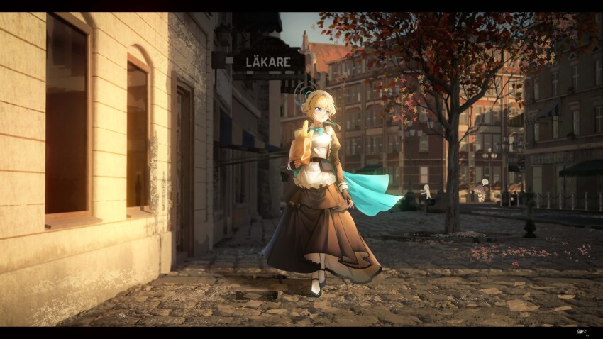 1boy, 2girls, absurdres, apron, aqua_bow, aqua_bowtie, black_dress, black_gloves