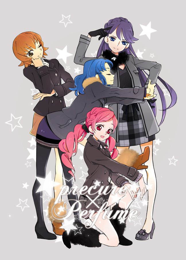 10s, 4girls, blue_hair, boots, dress, closed_eyes, gloves, hanasaki_tsubomi