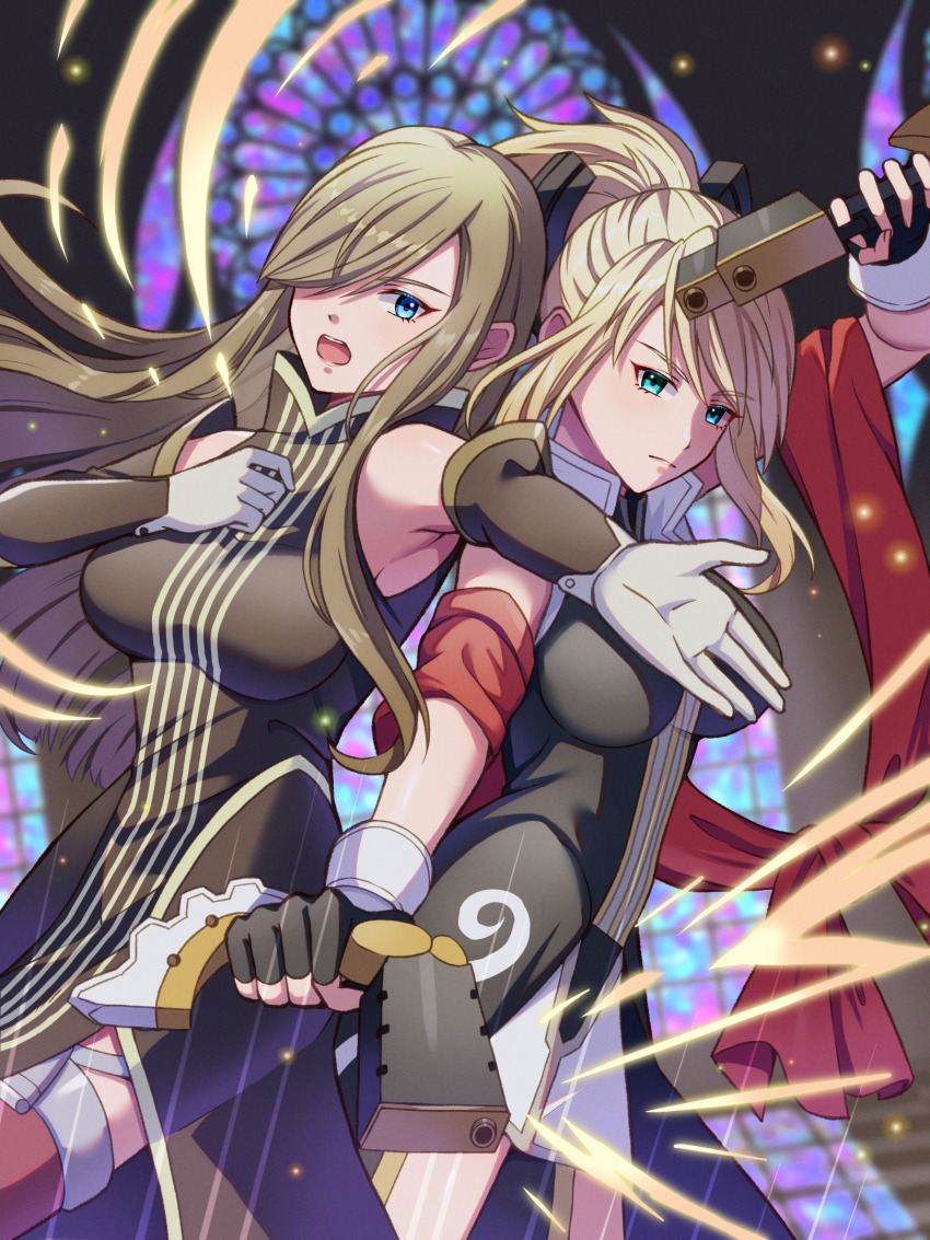 2girls, arm_up, armpit_crease, armpit_peek, back-to-back, bare_shoulders, black_gloves, blonde_hair