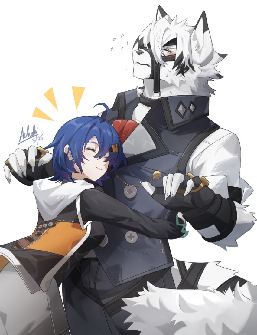1boy, 1girl, acheki, animal_ears, belle_(zenless_zone_zero), bicep_strap, black_gloves, black_shirt, blue_hair, blush, body_fur, closed_eyes, collared_vest, commentary, dated, english_commentary, fingerless_gloves, furry, furry_male, furry_with_non-furry, gloves, grey_skirt, grey_vest, hair_ornament, highres, hood, hooded_jacket, hug, interspecies, jacket, letter_hair_ornament, long_sleeves, muzzle_(mask), shirt, short_hair, signature, skirt, sleeveless, sleeveless_jacket, smile, sweat, tail, tail_belt, vest, von_lycaon, white_background, white_fur, wolf_boy, wolf_ears, wolf_tail, zenless_zone_zero