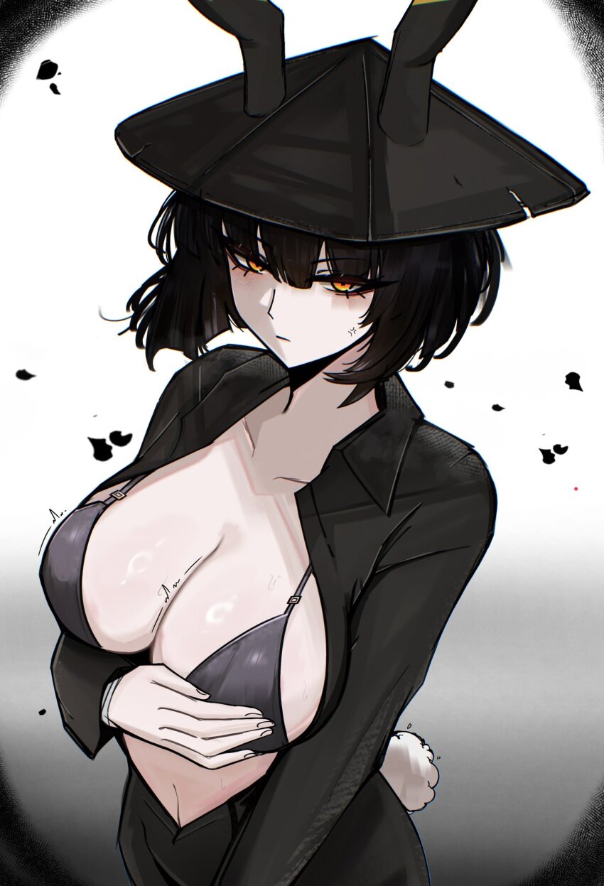 1girl, alternate_breast_size, animal_ears, black_hair, black_suit, breasts, collarbone, fake_animal_ears