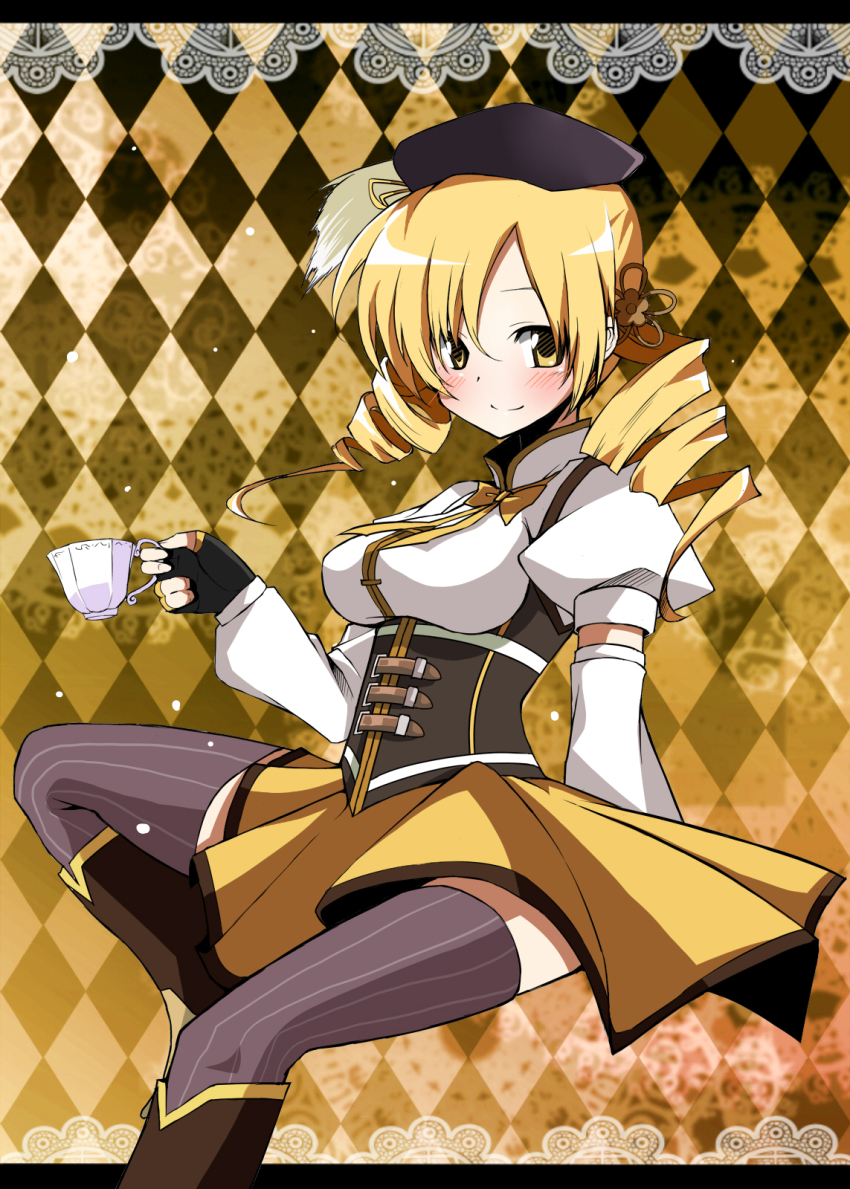 10s, 1girl, bad_id, bad_pixiv_id, blonde_hair, colorized, cup, drill_hair