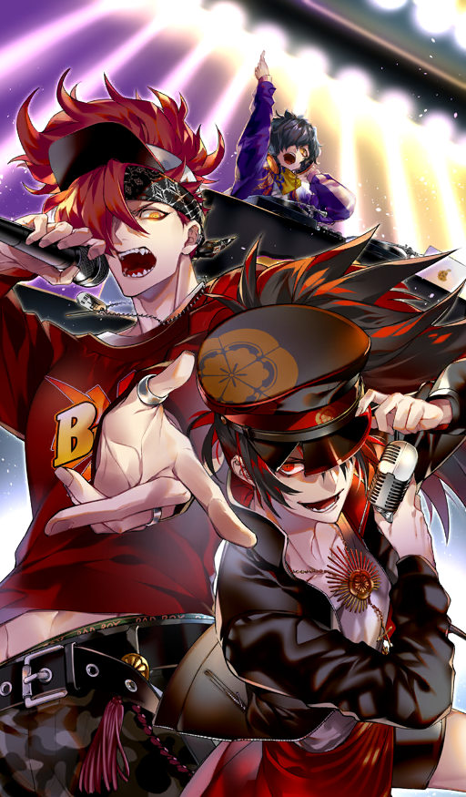 3boys, adjusting_clothes, adjusting_headwear, arm_above_head, bandana, bandana_around_neck, belt, belt_buckle