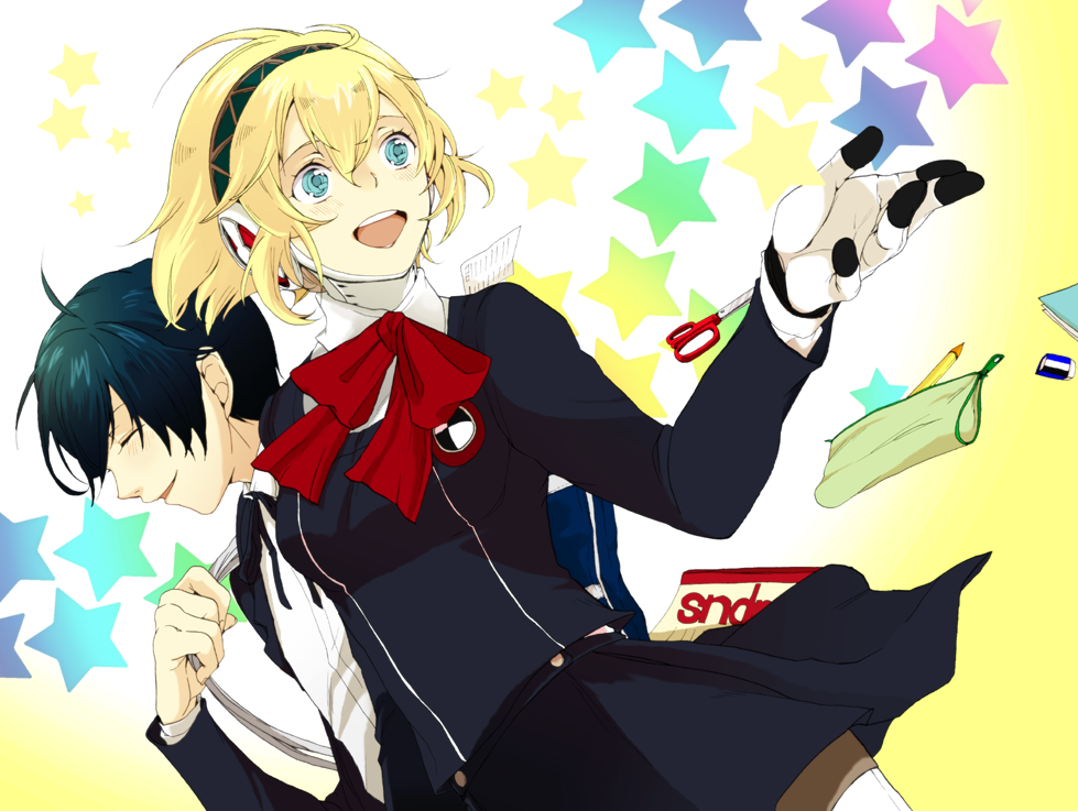 1boy, 1girl, aigis_(persona), android, ashida_yuri, atlus, bad_id, bad_pixiv_id