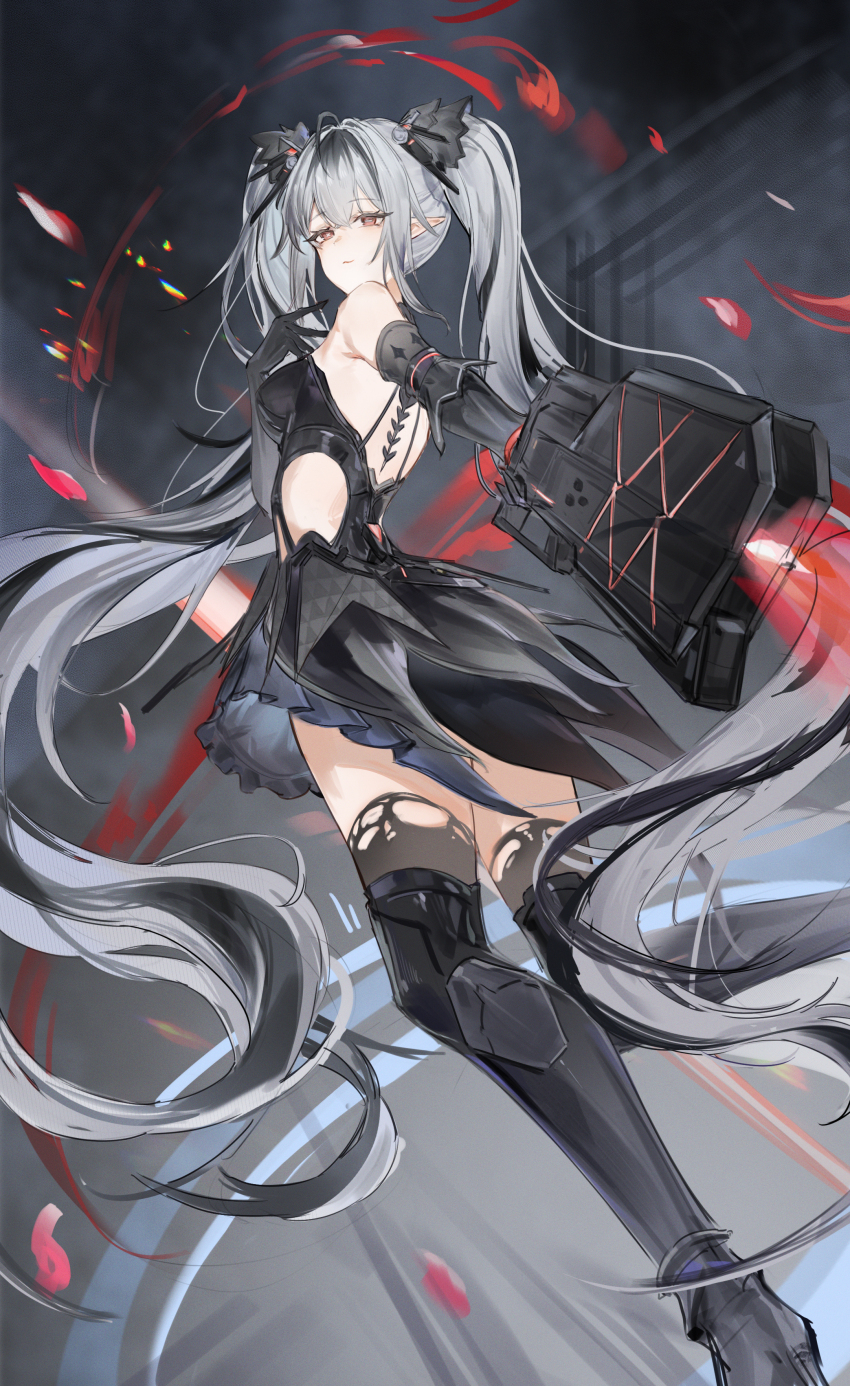 1girl, absurdres, bare_shoulders, black_dress, black_hair, black_thighhighs, breasts, bright_pupils