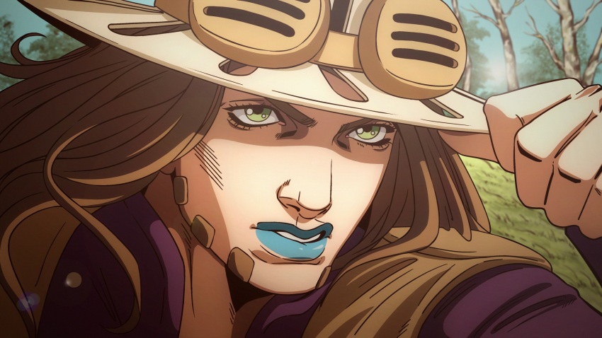 1boy, anime_coloring, araki_hirohiko_(style), beard, blue_lips, brown_hair, brown_hat, cowboy_hat