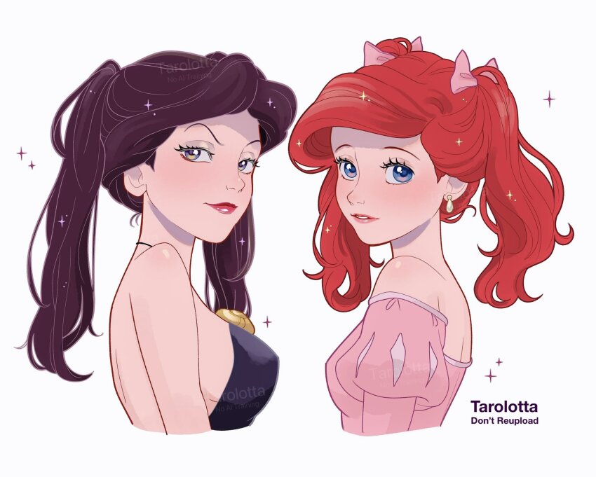 2girls, alternate_hairstyle, ariel_(disney), artist_name, backless_dress, backless_outfit, bare_shoulders, blue_eyes