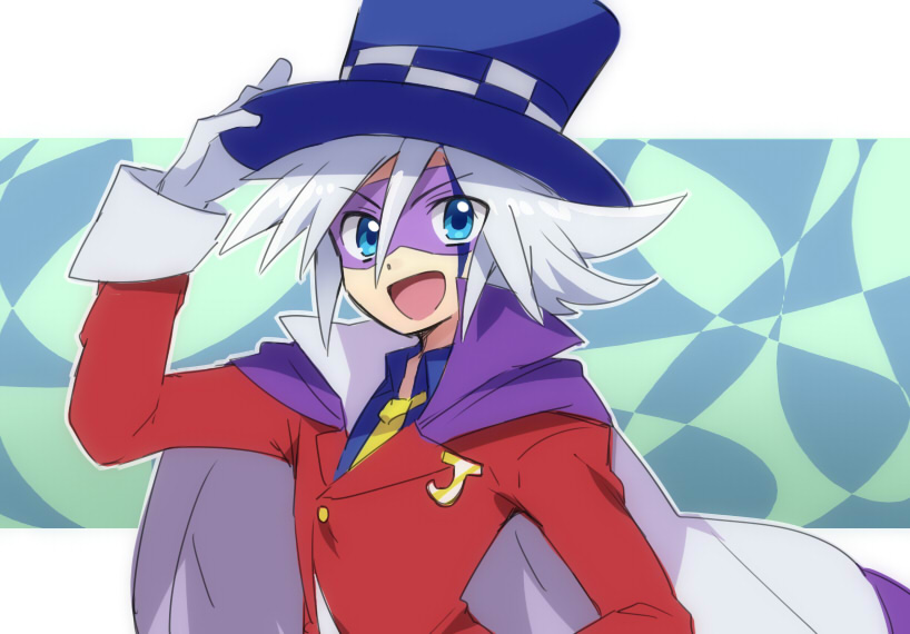 1boy, blue_eyes, blue_shirt, cape, checkered_hat, eye_mask, fukumitsu_(kirarirorustar), gloves