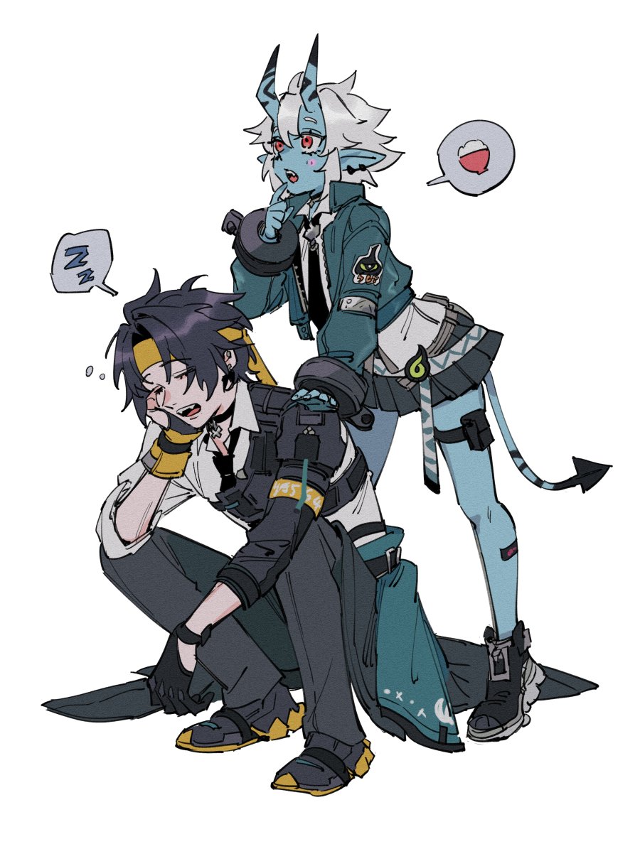 1boy, 1girl, asaba_harumasa, belt, black_hair, black_necktie, blue_horns, blue_skin