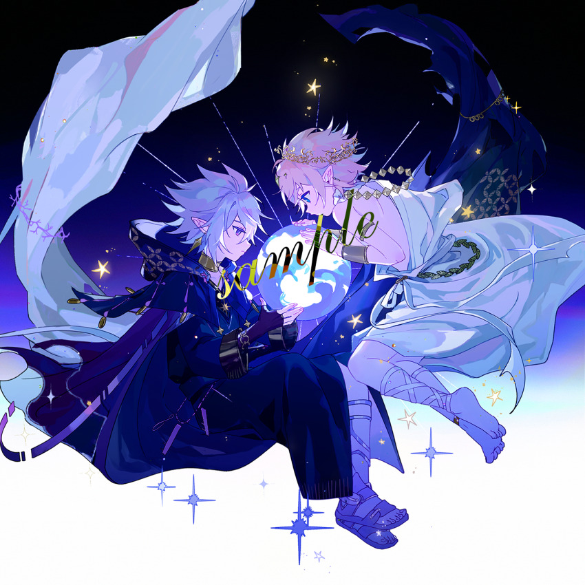 2boys, alternate_costume, aotu_world, barefoot, bishounen, black_cape, blonde_hair, blue_eyes