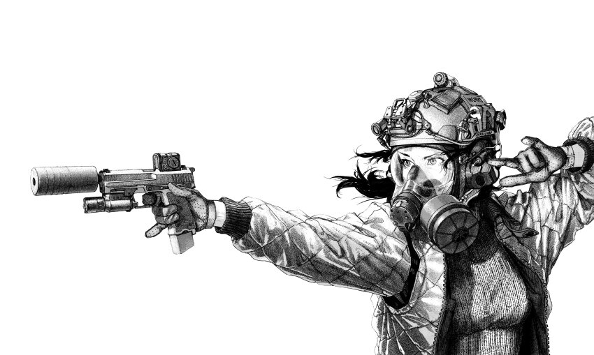1girl, absurdres, black_hair, cosplay, darius_billie_(moonkez), driver_(drive), driver_(drive)_(cosplay), firing, gas_mask, glock, gloves, gun, handgun, highres, holding, holding_gun, holding_weapon, looking_to_the_side, magazine_(weapon), mask, military_operator, monochrome, original, ponytail, reflex_sight, scope, screentones, shaka_sign, suppressor, watch, weapon, white_background
