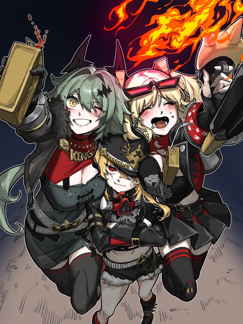 3girls, anger_vein, arm_up, belt, black_helmet, blonde_hair, blush, boots