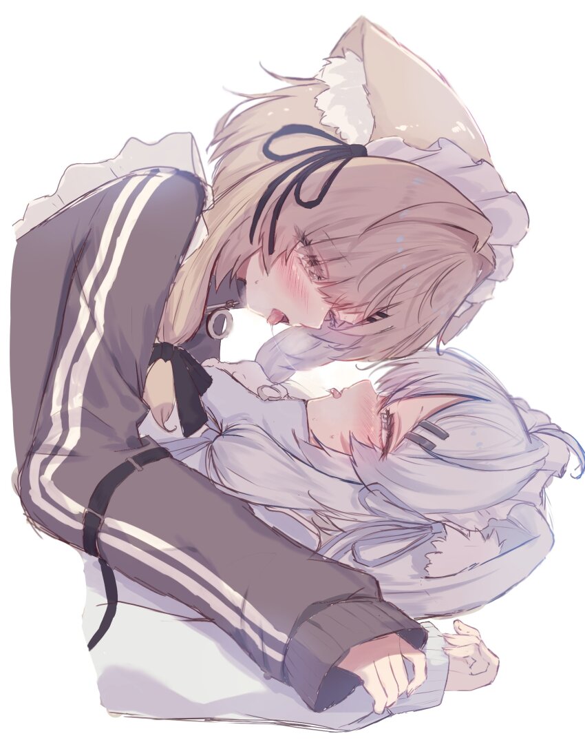 2girls, absurdres, after_kiss, ahoge, animal_ear_fluff, animal_ears, apron, ashiyu0330