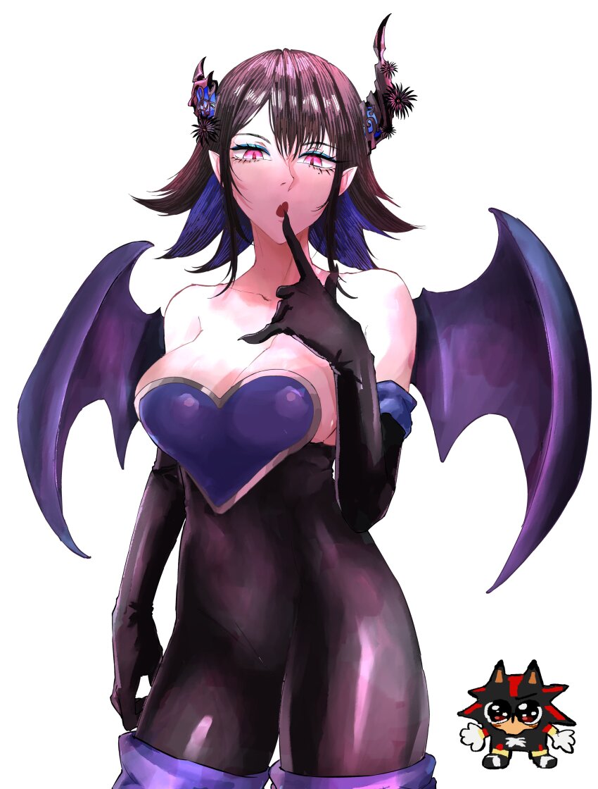 1girl, :o, absurdres, adapted_costume, asymmetrical_horns, bare_shoulders, bat_wings, black_fur