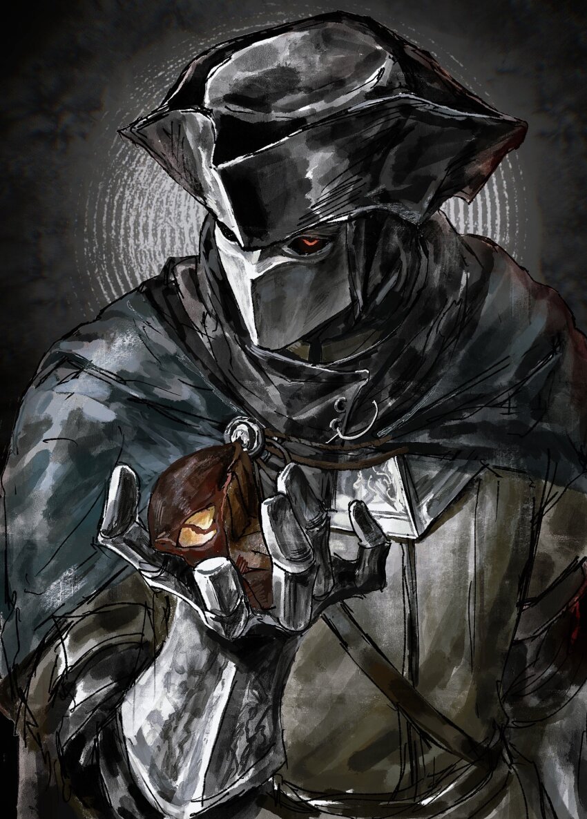 1boy, armor, black_cape, black_hat, bonley, brown_shirt, cape, character_request