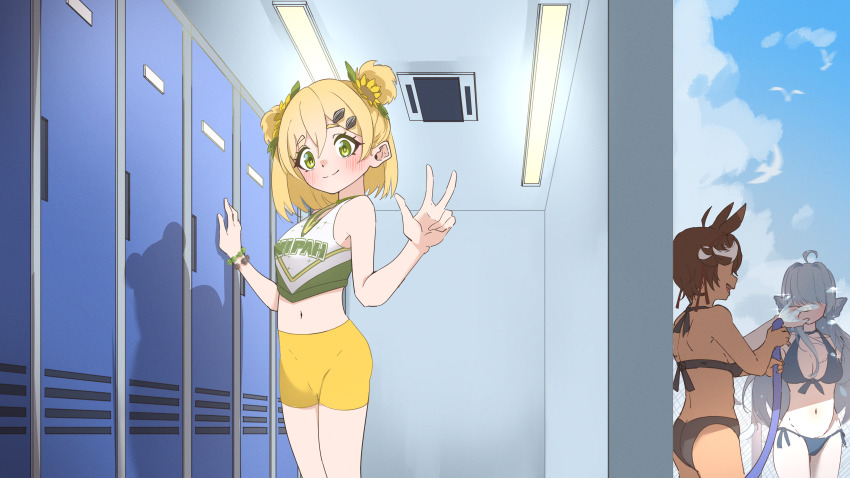 3girls, absurdres, ahoge, alpha_betta_(vtuber), animal_ears, bikini, blonde_hair, blue_hair, blush, blush_stickers, brown_hair, ceiling, ceiling_light, cloud, cloudy_sky, commission, eyebrows, eyelashes, flower, green_eyes, hair_flower, hair_ornament, hani_hima_(v-dere), highres, indie_virtual_youtuber, indoors, knee_up, knees_up, locker, locker_room, long_hair, multiple_girls, outdoors, shadow, shirt, short_hair, shorts, sky, smile, sunflower, sunflower_hair_ornament, swimsuit, tomoe_umari, v, v-dere, virtual_youtuber