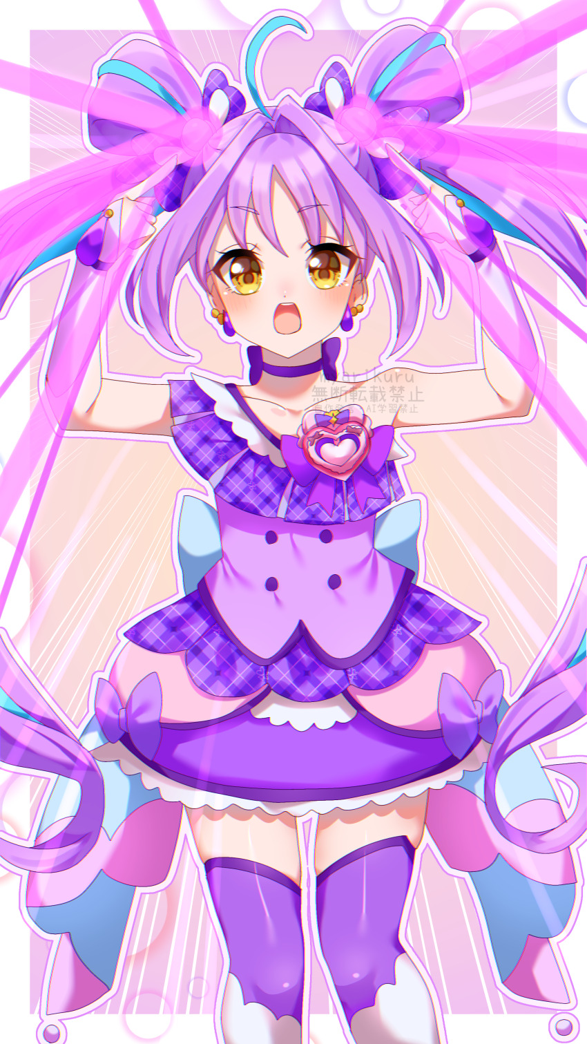 absurdres, blue_streaks, boots, bow, bow_choker, bridal_gauntlets, brooch, choker, cure_kyunkyun, dress, earrings, hair_bun, heart, heart_brooch, heart_hair_bun, highres, idol_heart_brooch_(precure), jewelry, kimi_to_idol_precure, knee_boots, kyunkyun_laser, laser, magical_girl, off_shoulder, plaid_bow, plaid_clothes, plaid_dress, plaid_sleeves, precure, purple_bow, purple_choker, purple_wrist_cuffs, shigure_kokoro, shirt, single-shoulder_shirt, single_bare_shoulder, teardrop_earrings, twintails, user_jzcr7853, wrist_cuffs