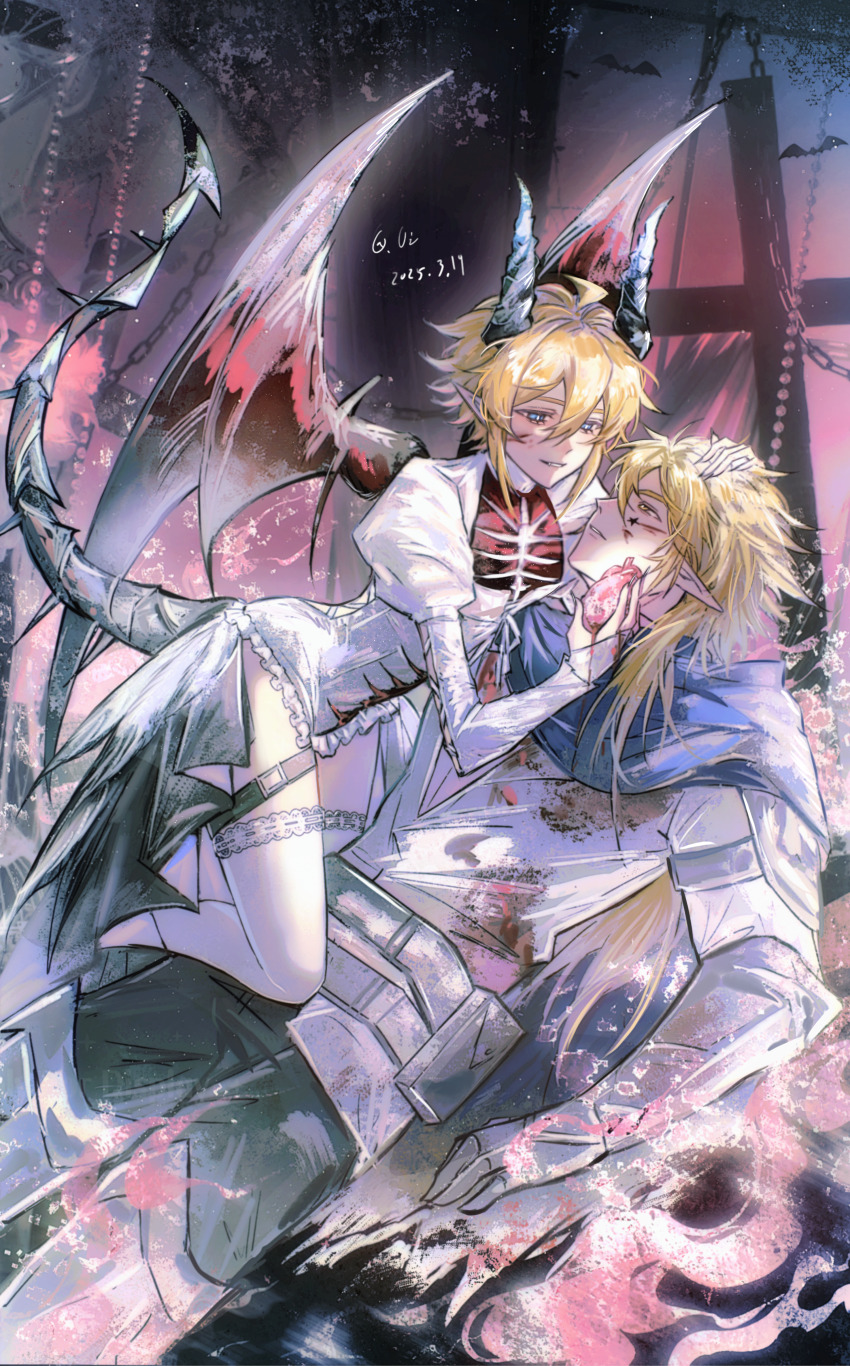 2boys, absurdres, alternate_costume, aotu_world, artist_name, bat_(animal), bat_wings, blonde_hair