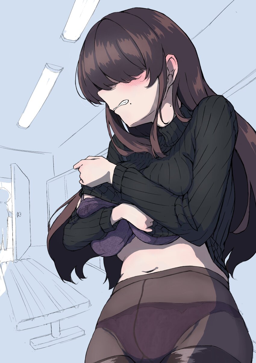 1girl, absurdres, belly, black_pantyhose, blush, bra, breasts, caught