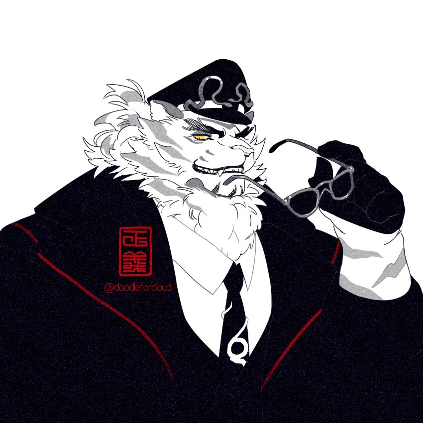 1boy, absurdres, animal_ears, bara, black_gloves, black_hat, black_jacket, animal_nose