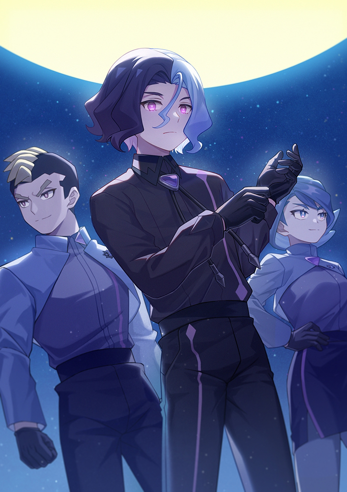 1girl, 2boys, adjusting_clothes, adjusting_gloves, amethio_(pokemon), black_gloves, black_pants, clenched_hand