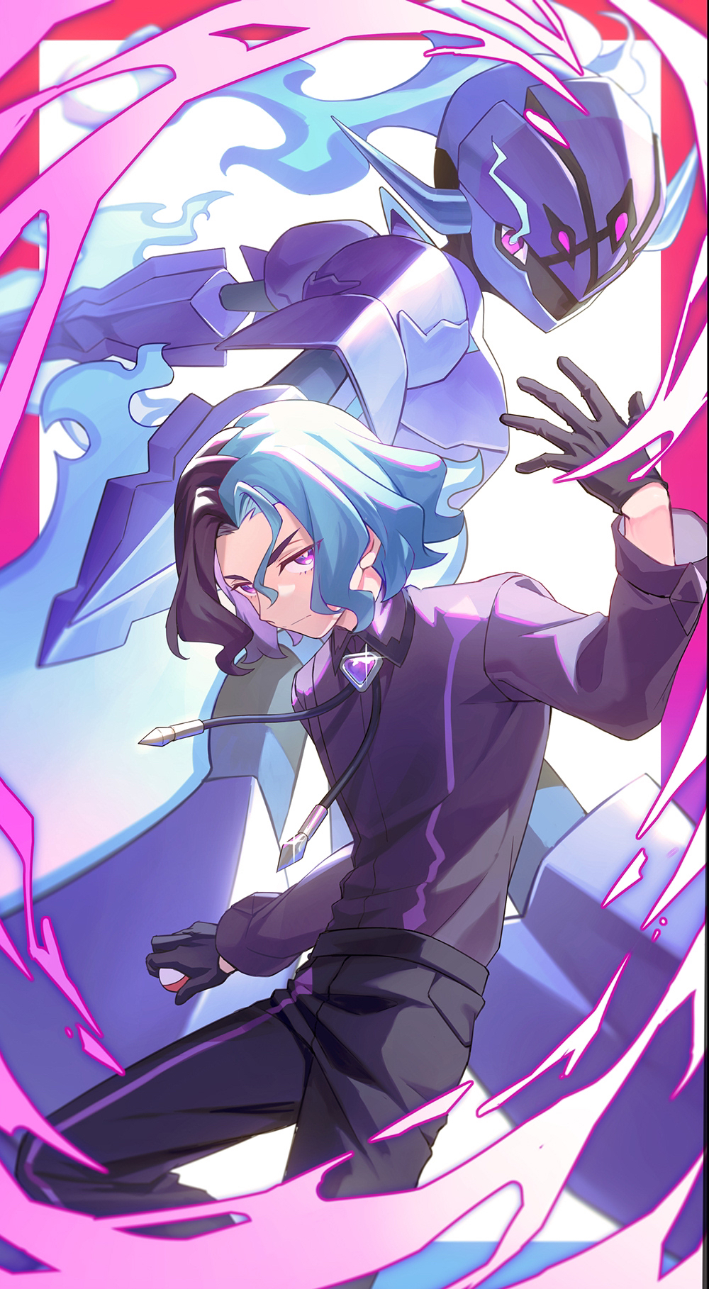 1boy, amethio_(pokemon), black_pants, bright_pupils, ceruledge, closed_mouth, collared_shirt, commentary_request, gloves, hand_up, highres, holding, holding_poke_ball, loose_hair_strand, male_focus, multicolored_hair, nintendo, pants, poke_ball, poke_ball_(basic), pokemon, pokemon_(anime), pokemon_(creature), pokemon_horizons, purple_eyes, shiromi_(shiromikk), shirt, short_hair, two-tone_hair, white_background, white_pupils