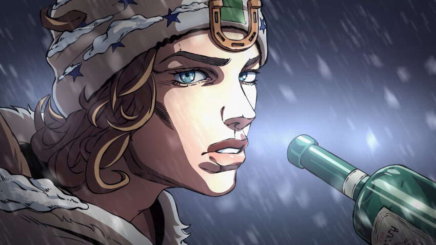 1boy, absurdres, anime_coloring, araki_hirohiko_(style), beanie, blue_eyes, bottle, brown_hair