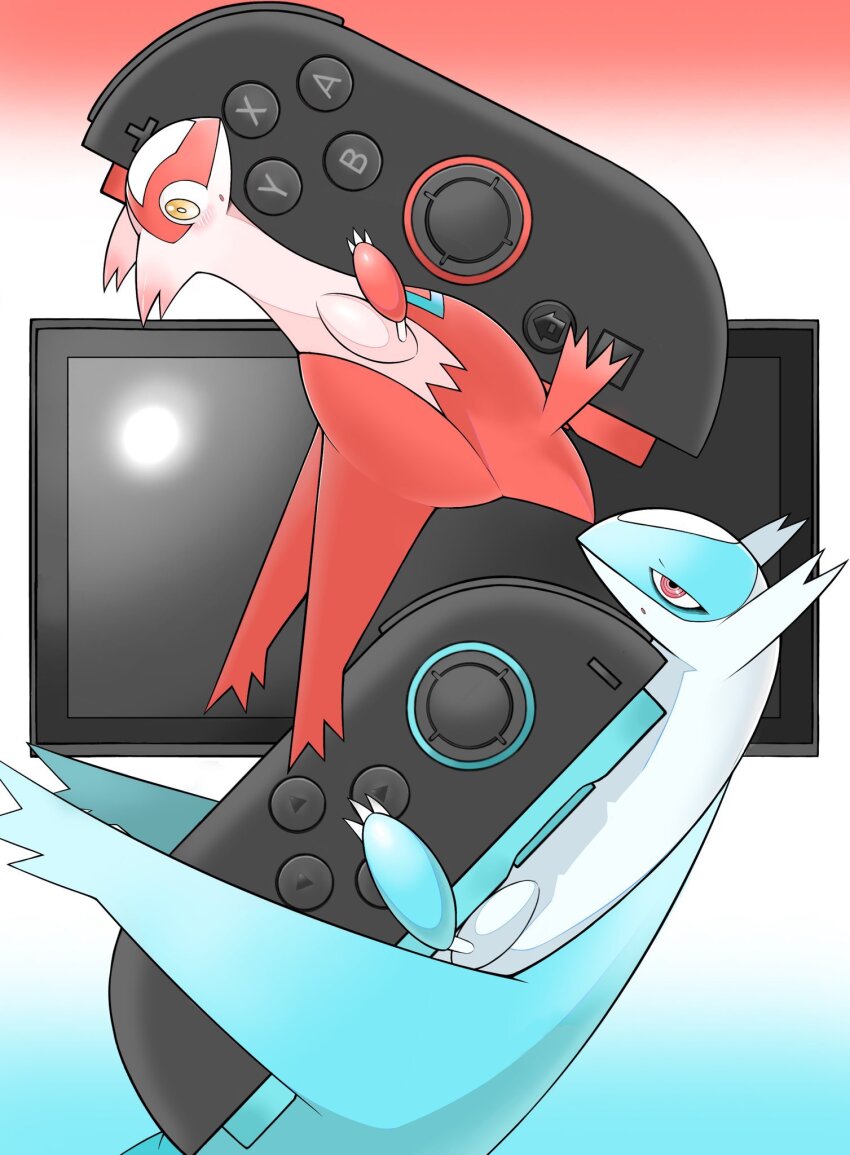1boy, 1girl, :o, blue_background, blue_wings, color_connection, controller, dragon