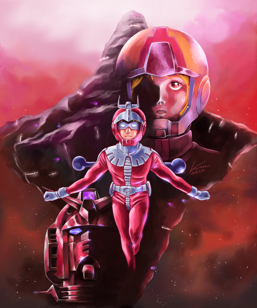 1boy, 1girl, absurdres, asteroid, belt, blonde_hair, blue_eyes, char_aznable