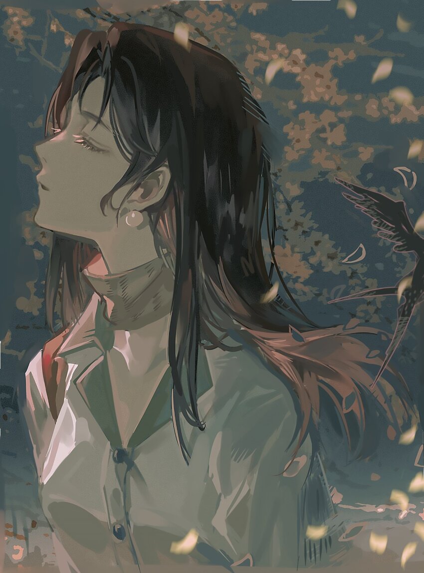 1girl, bird, closed_eyes, collared_shirt, earrings, falling_leaves, flower, grey_background