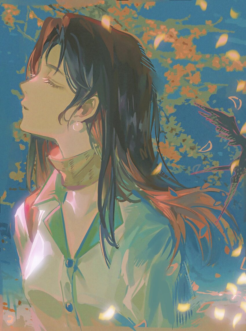 1girl, bird, blue_background, closed_eyes, collared_shirt, earrings, falling_leaves, flower