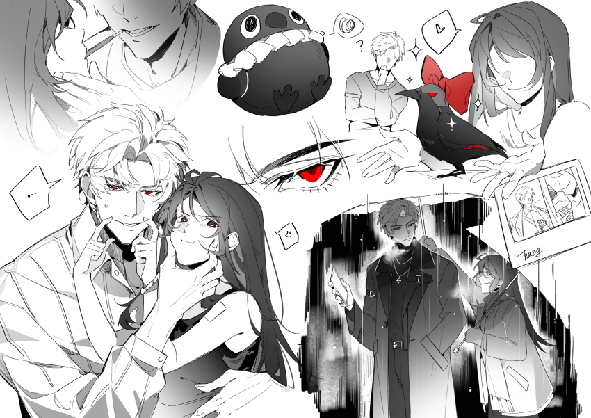 1boy, 1girl, absurdres, belt, belt_buckle, bird, bow, buckle