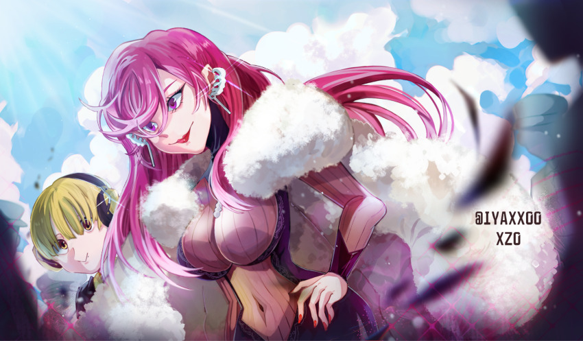 1boy, 1girl, blonde_hair, breasts, covered_navel, earrings, fur_trim, glint