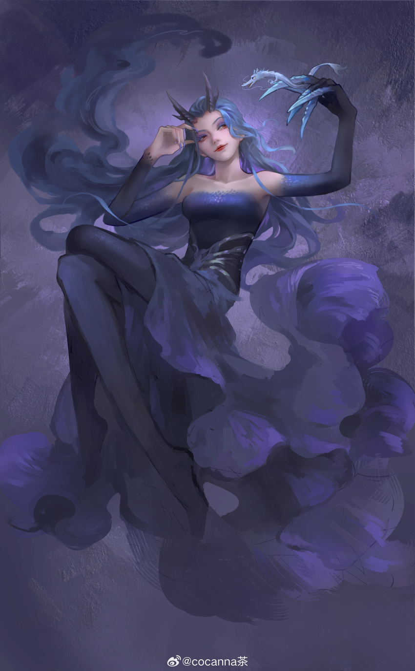 1girl, absurdres, animalization, ao_bing_(nezha_zhi_motong_jiangshi), ao_run_(nezha_zhi_motong_jiangshi), blue_dress, blue_hair, breasts