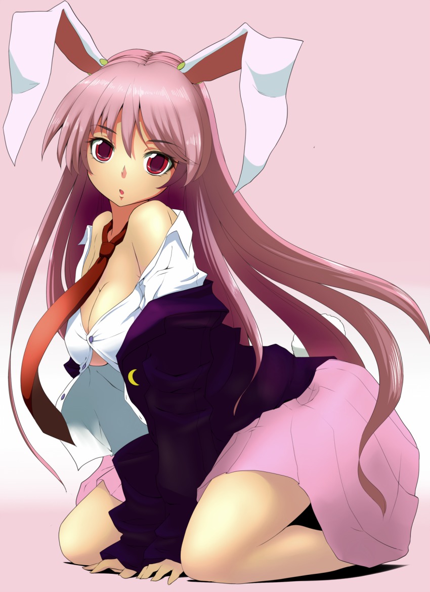 1girl, animal_ears, bare_shoulders, blazer, blush, breasts, cleavage, colorized