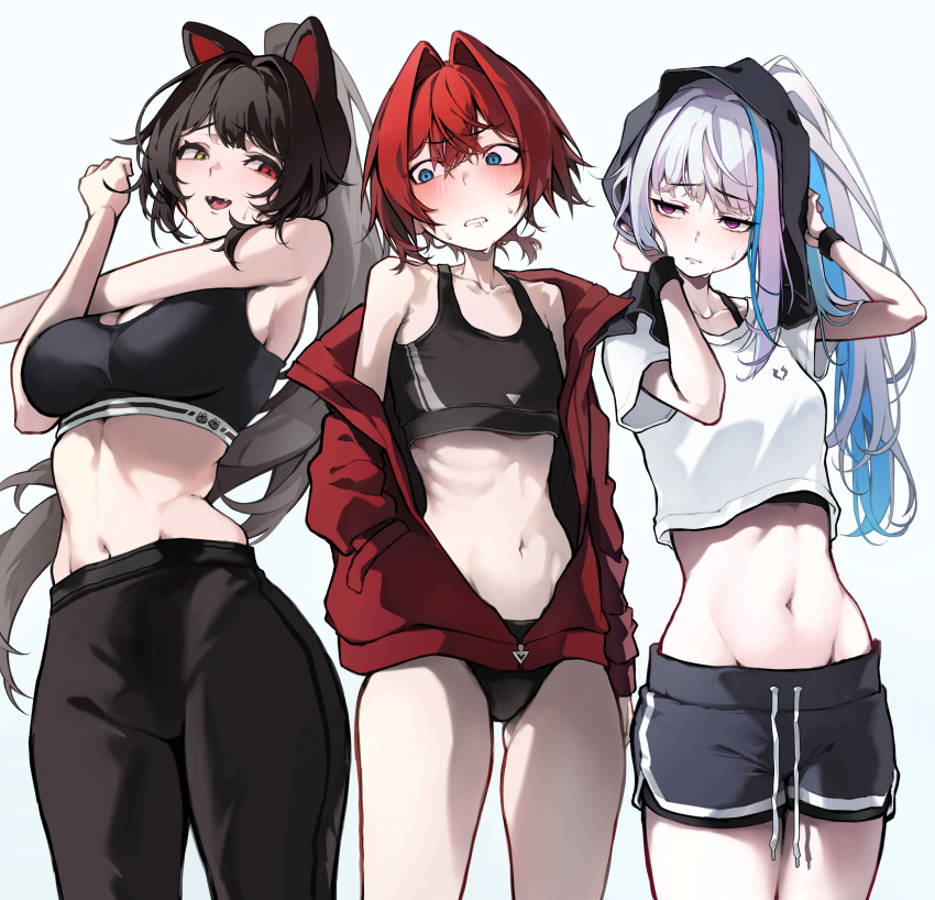 3girls, absurdres, akechi_(akechi_5416), alternate_costume, ange_katrina, animal_ears, armband, black_hair