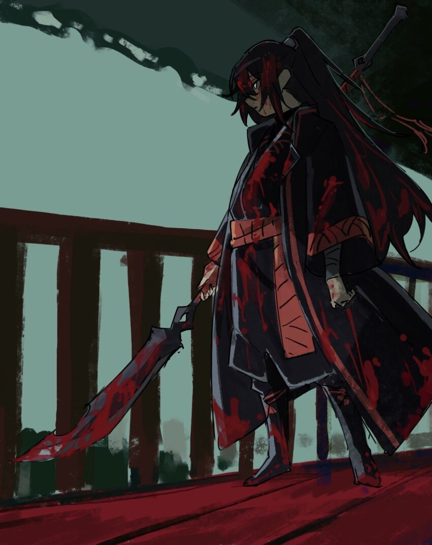 1boy, aqua_eyes, balcony, belt, black_belt, black_hair, black_pants, blood, blood_in_hair, blood_on_clothes, blood_on_face, full_body, guan_dao, half_updo, highres, holding, holding_polearm, holding_weapon, hong_lu_(project_moon), keisotu_kuruu, limbus_company, long_hair, long_sleeves, open_mouth, pants, polearm, project_moon, red_sash, sash, sidelocks, solo, very_long_hair, weapon