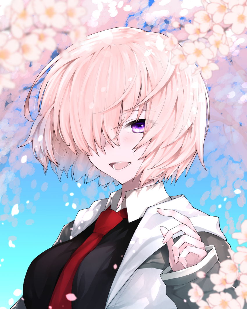 1girl, between_breasts, breasts, chaldea_security_organization, chaldea_uniform, cherry_blossoms, coat, falling_petals