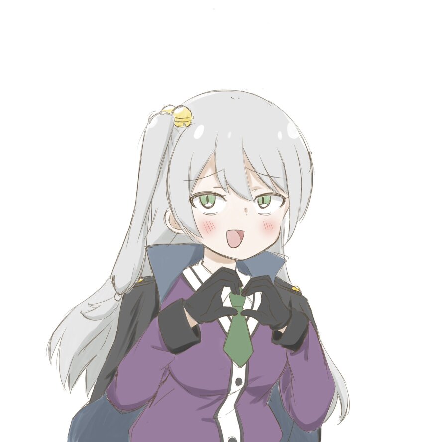 1girl, :d, assault_lily, averting_eyes, bell, black_cape, black_gloves, blush